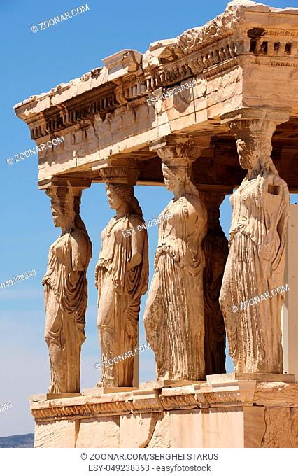 Six Caryatids or karyatides at Porch of the Erechtheion in Acropolis at Athens
