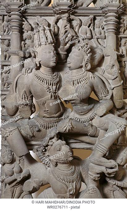 Close up of Laxmi Narayan sitting on Garuda 12th century AD , Vaishnav cult , Kalchurian period found at Tevar village , district Jabalpur , Madhya Pradesh