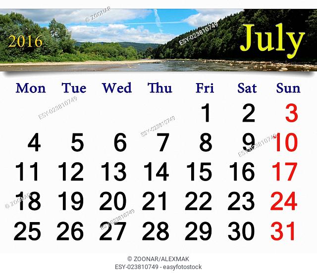 calendar for July 2016 on the background of summer