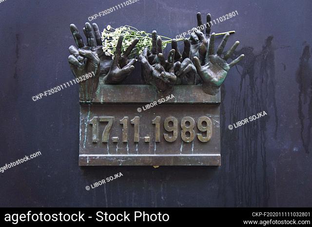 The memorial plaque marking the November 17, 1989, events leading to the fall of communism on the facade of Baroque Classicist Schirding palace (Kanka House) in...