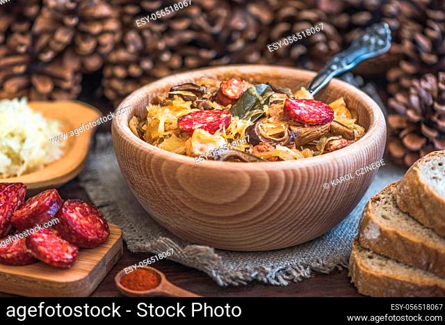 Traditional Sour Cabbage Soup with Sausage and Mushrooms