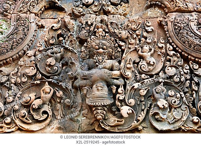Stone carving in Banteay Srei temple. Angkor Archaeological Park, Siem Reap Province, Cambodia