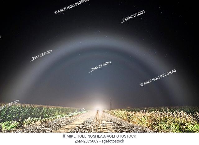 Defined fogbow shines ahead of a car in some crop fog over a field in western Iowa. The only way to see such fogbows is to walk out 50-100 feet into your...