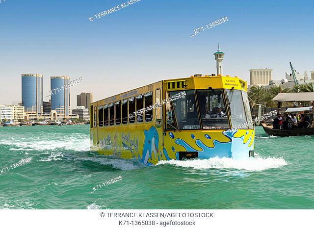 The tourist amphibious Wonder Bus in Dubai Creek in Dubai, UAE, Persian Gulf