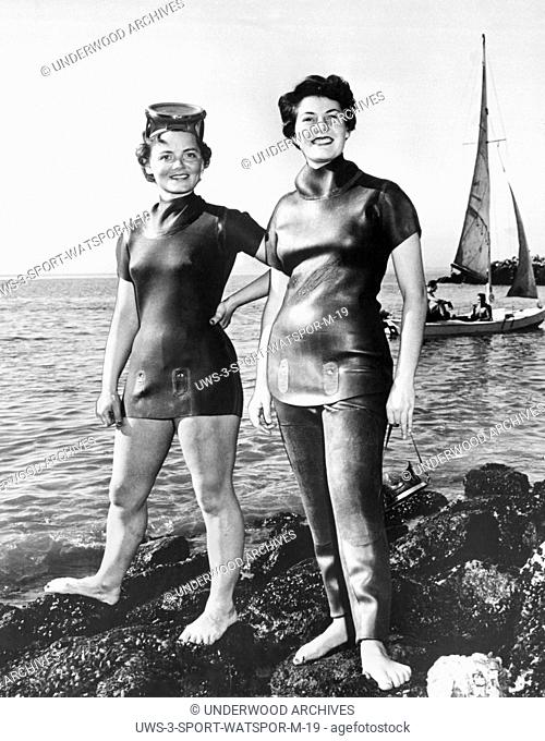 Berkeley, California: March, 1954 Two women model early foam neoprene wetsuits