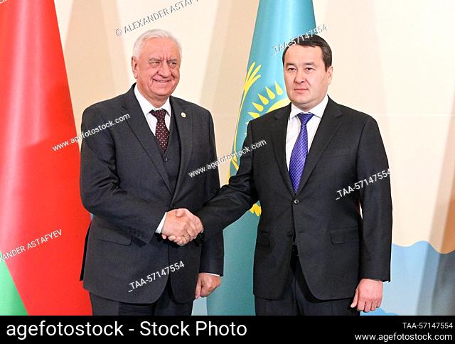 KAZAKHSTAN, ALMA-ATA - FEBRUARY 2, 2023: Chairman of the Board of the Eurasian Economic Commission Mikhail Myasnikovich (L) and Kazakhstan's Prime Minister...