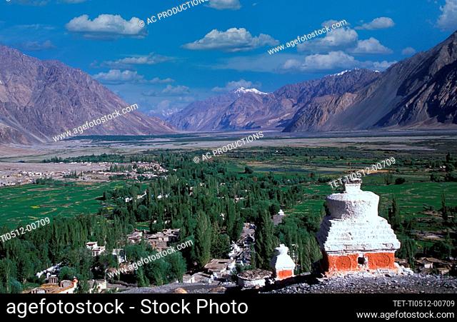 India, Ladakh, Leh District, Nubra Valley, Landscape with Himalayas and Buddhist Buddhist Lamayuru Monastery in valley