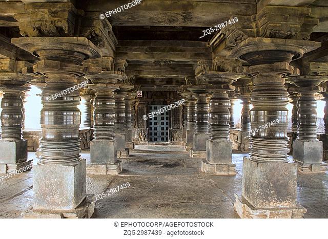 Lathe turned pillars, Outer mantapa (hall), Veera Narayana temple, Belavadi, Chikkamagaluru district, Karnataka, India