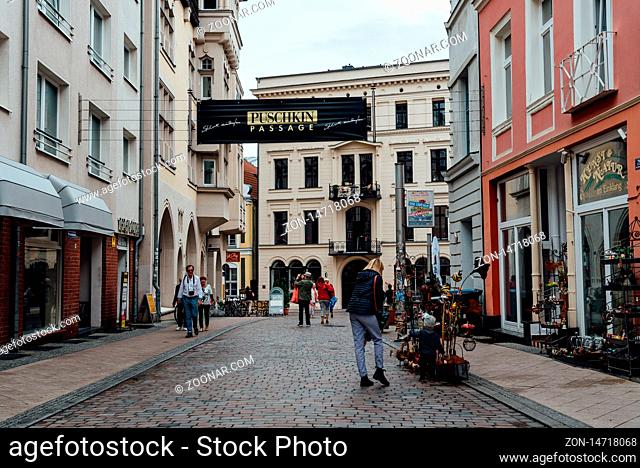 Schwerin, Germany - August 2, 2019: Street in historic centre a cloudy day of summer
