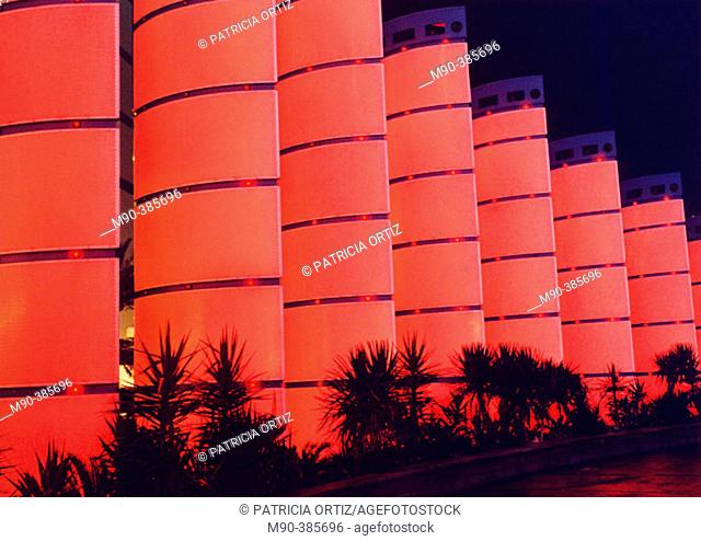 Photo taken at Las Vegas, nocturnal shot of red lighted structures. Shot taken at Las Vegas Boulevard, outside one of the hotels. Las Vegas. Nevada