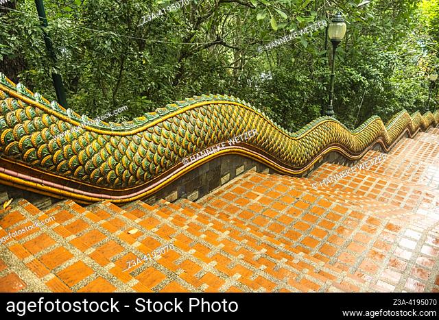 Stairs to the sacred site of Wat Phra That Doi Suthep Buddhist temple in Chiang Mai Province, Thailand