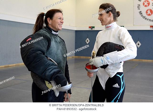 Modern pentathlete Lena Schoeneborn and her coach Kim Raisner in action during a media day for the Olympic Games 2016 in Rio de Janeiro