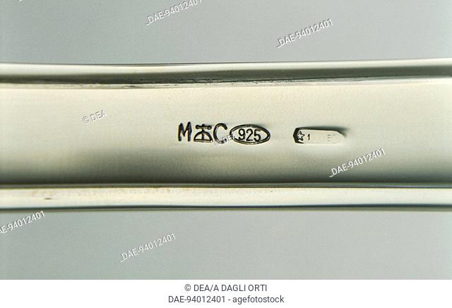 Silversmith's Art, 20th century. Silver presentation cutlery. Detail: mark of the manufacture and 925 hallmark