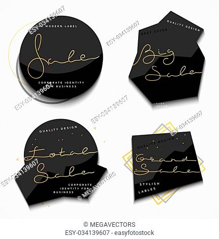 Set of 4 black label with gold text for store sales . Stylish labels realistic action . Black Friday . Black emblem with calligraphy sale