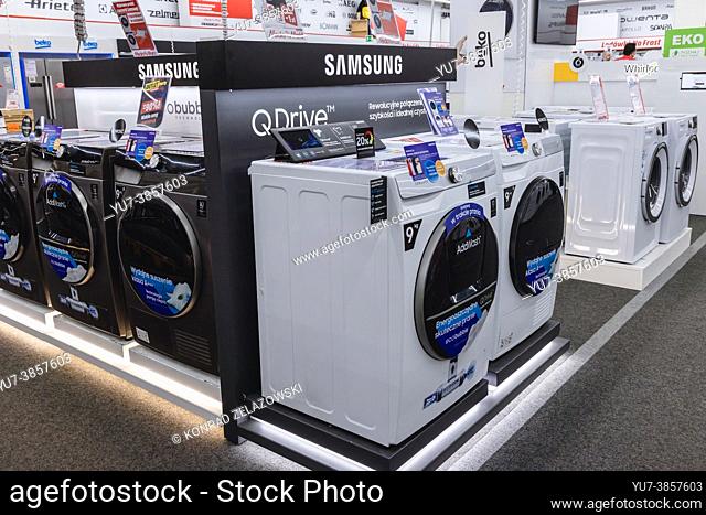 Washing machines in MediaMarkt store with household appliances and consumer electronics in Warsaw, Poland