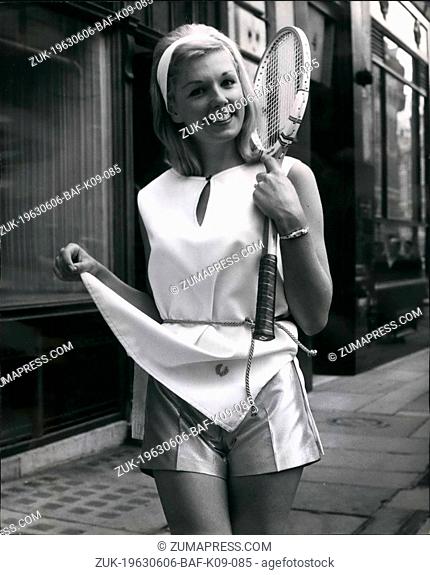 Jun. 06, 1963 - Fashions For Wimbledon. A showing of Fred Perry designs for Wimbledon was held this morning. Photo Shows:- Felicity Fox wears a tabard tunic...