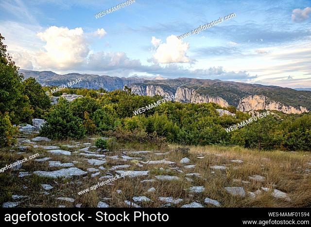 Greece, Epirus, Zagori, Pindos Mountains, Vikos National Park, View of mountains, rocks and trees
