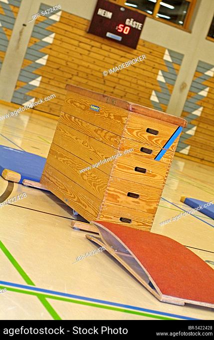 Gymnasium with sports equipment, Oberstdorf, Bavaria, sports equipment, box, sports hall, springboard, apparatus gymnastics, Germany, Europe