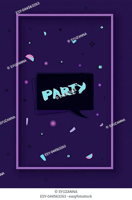 Party banner. Vertical event flyer for holiday design with frame, speech bubble and decorative elements. Dark card for social media invitation