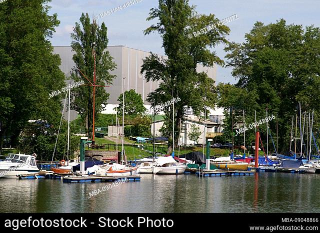 A sailboat harbor with sailboats in an inland harbor on the river Rhine