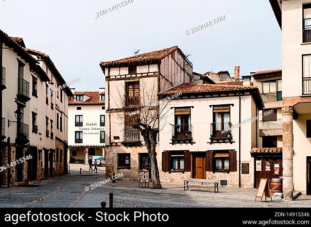 Covarrubias, Spain - April 16, 2019: Picturesque square in the medieval town of Covarrubias in Castile
