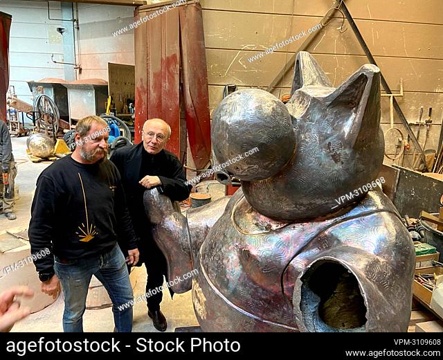 Cartoonis Philippe Geluck¿ pictured during a visit to the workshop Fonderie Van Geert, where sculptures of comic book character Le Chat are made, in Aalst
