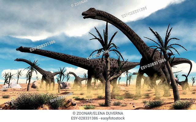 Diplodocus dinosaurs herd in the desert - 3D render