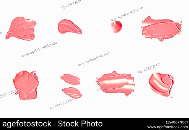 Coral beauty cosmetic texture isolated on white background, smudged makeup emulsion cream smear or foundation smudge, crushed cosmetics product and paint...