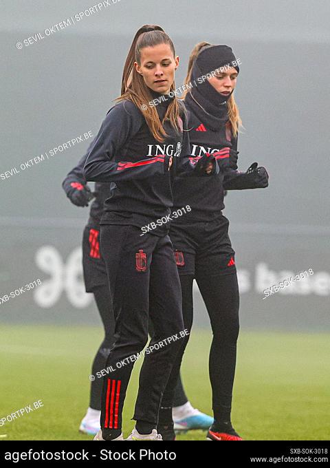 Shari Van Belle of Belgium and Jill Janssens of Belgium pictured during the training session of the Belgian Women’s National Team ahead of the football match...