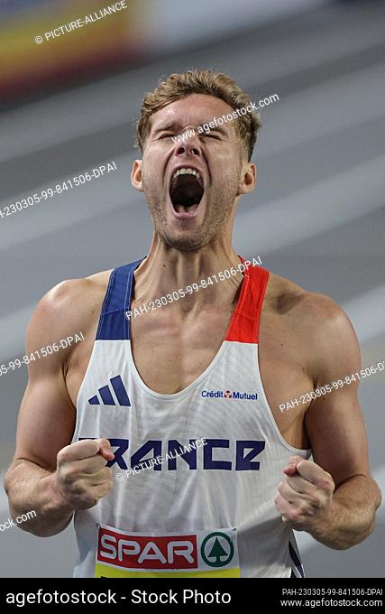 05 March 2023, Turkey, Istanbul: Athletics/indoor: all-around 1000 meters, men. Kevin Mayer from France cheers after the overall victory