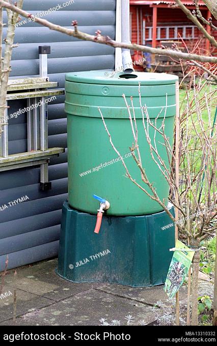 Green rain barrel on the shed