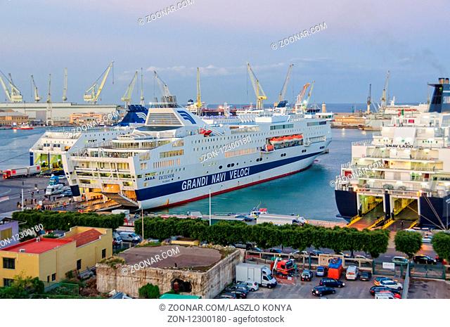 Grandi Navi Veloci ferries are loaded and unloaded in the Port of Palermo, Sicily, Italy, 20 October 2011