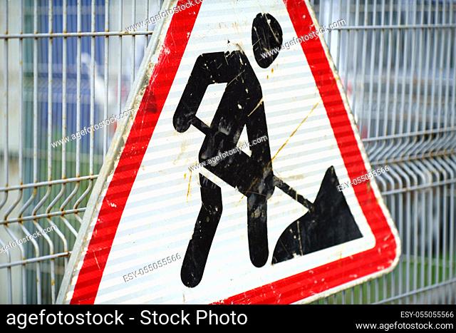 UK Road Work Sign, Under Construction, Road Works Sign for Construction Works in Street, Dirty Construction Warning Concept