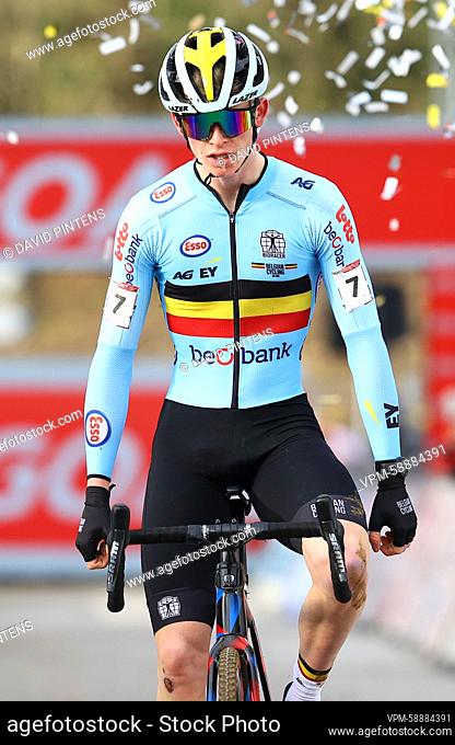 Belgian Seppe Van den Boer crosses the finish line at the men's junior race at the Cyclocross World Cup cyclocross event in Besancon, France