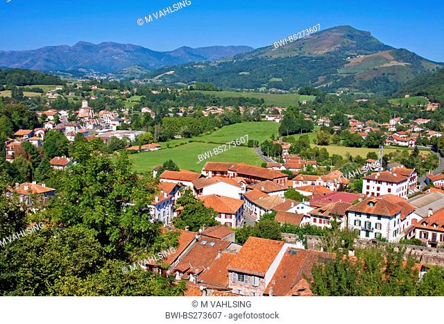 view of town and Pyrenees, France, Pyrnnes-Atlantiques, St.-Jean-Pied-de-Port