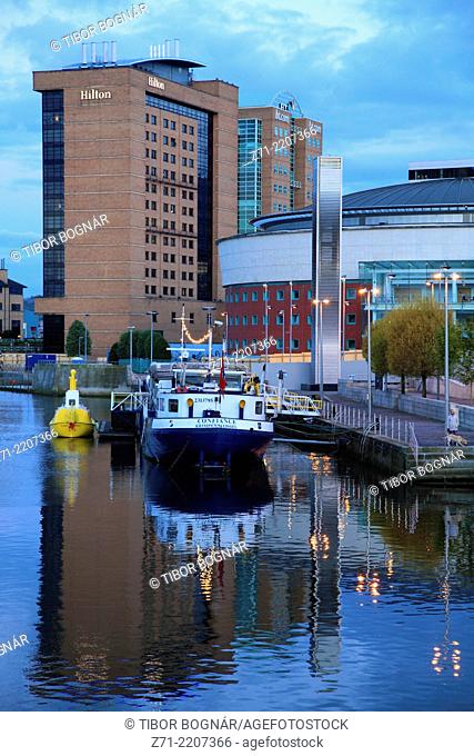 UK, Northern Ireland, Belfast, Hilton, Waterfront Building, Barge, River Lagan,