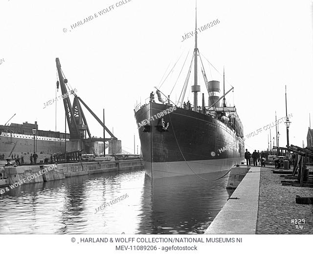 Bow view of ship enetering Alexandra Graving Dock. Ship No: 320. Name: Statendam. Type: Passenger Ship. Tonnage: 10319. Launch: 7 May 1898