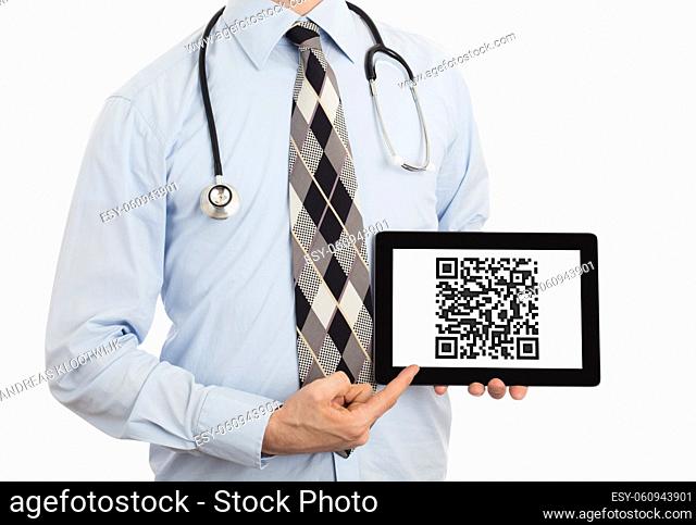 Doctor, isolated on white background, holding digital tablet - QR-code