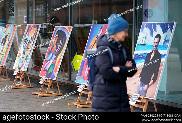 23 February 2023, Hamburg: Large-format paintings, painted with the help of artificial intelligence (AI), stand on easels in the pop-up exhibition ""Homeless...