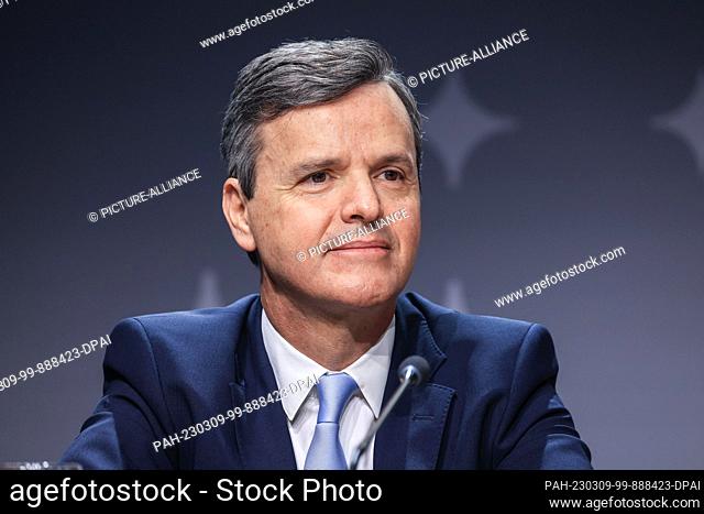 09 March 2023, North Rhine-Westphalia, Troisdorf: Pablo Ciano, member of the Deutsche Post Board of Management, sits on the podium at the annual press...