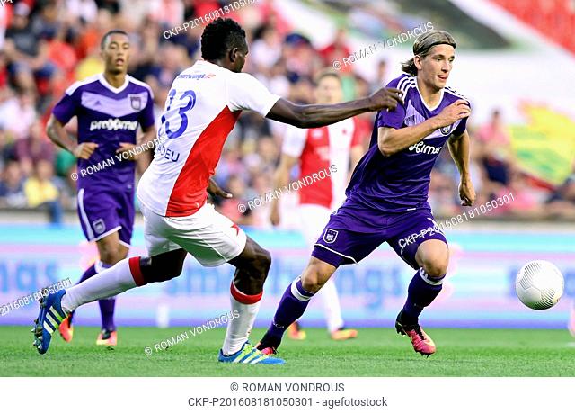 From left: Dusan Svento of Slavia and Sofiane Hanni of Anderlecht in action during Slavia Praha vs Anderlecht Brussels football Europa League 4th qualifying...