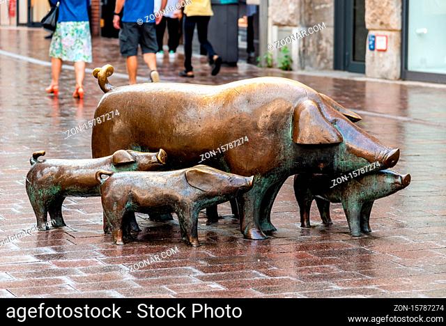 Bremen, Germany - August 5, 2019: Hirt mit Schweinen or Shepherd with pigs sculpture in centre of city