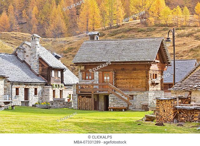 Little houses in Crampiolo, Alpe Devero, Alpe Veglia and Alpe Devero Natural Park, Baceno, Verbano Cusio Ossola province, Piedmont, Italy