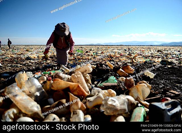 dpatop - 07 April 2021, Bolivia, Oruro: A woman wearing gloves takes part in a large-scale cleaning operation at the polluted Lake Uru Uru