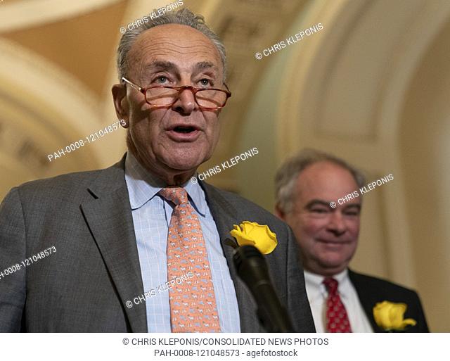 United States Senate Minority Leader Chuck Schumer (Democrat of New York) speaks to the media after attending policy luncheon on Capitol Hill in Washington, DC