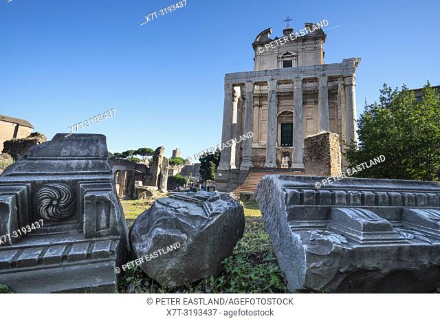 Looking across The Roman Forum towards the Temple of Antoninus and Faustina, now the church of San Lorenzo in Miranda, Roman Forum, Rome, Italy