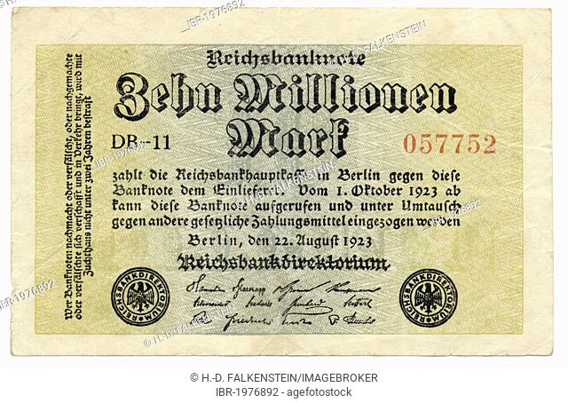 Front of a banknote, Reichsbank, value 10 million Marks, 1923, inflation money, Germany, Europe
