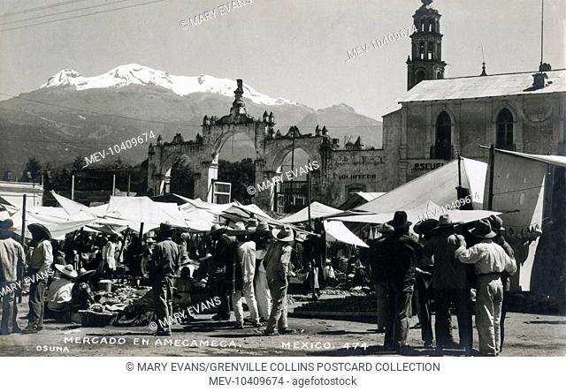 The Market in Amecameca de Juarez, Mexico. The Volcano Popocatepetl can be seen in the background