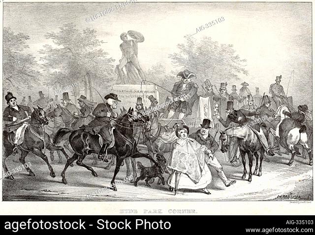 Statue of the Duke of Wellington, Hyde Park Corner, Westminster, London. Cartoon dated 1825 by H Moiner. Shows a statue of the Duke with a shield in a heroic...