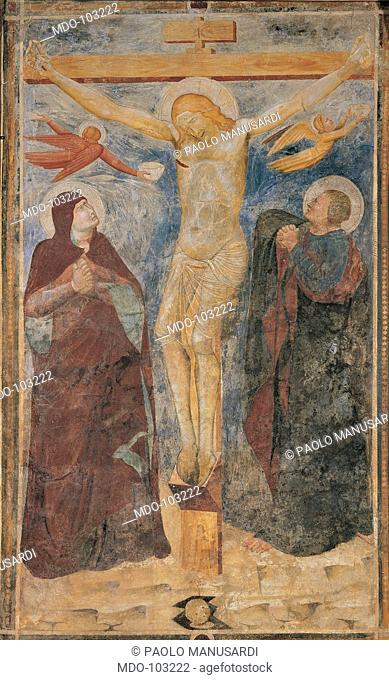 The Crucifixion, by Maestro della Crocifissione di San Felice di Cazzano, 15th Century, fresco. Italy; Veneto; Verona; Cazzano di Tramigna; San Felice church;